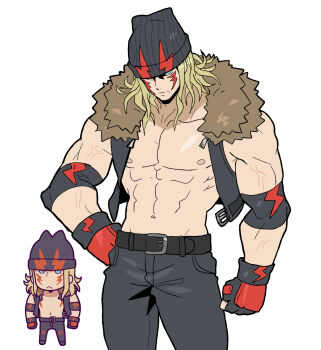 Rule 34 | 1boy, abs, absurdres, alex (street fighter), bare pectorals, beanie, belt, belt buckle, black belt, black pants, black vest, blue eyes, buckle, capcom, closed mouth, collarbone, facial mark, fingerless gloves, frown, fur-trimmed vest, fur trim, gloves, hand on own hip, hat, highres, lightning bolt facial mark, male focus, multiple views, muscular, muscular male, navel, nipples, pants, pectorals, sach56000, simple background, street fighter, street fighter 6, vest, white background