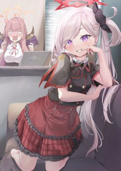 2girls absurdres aru_(blue_archive) black_bow black_shirt blue_archive blush bow breasts commentary_request computer couch demon_horns frilled_skirt frills full-face_blush grey_hair hair_bow hair_ornament halo highres horns indoors laptop long_hair looking_at_viewer multiple_girls mutsuki_(blue_archive) neck_ribbon on_couch plaid_clothes plaid_skirt purple_eyes red_halo red_ribbon red_skirt ribbon sapota_clone shirt short_sleeves side_ponytail skirt slit_pupils small_breasts white_hair white_shirt