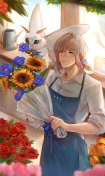 1boy absurdres alternate_costume apron blanca_(fate) blue_apron blue_eyes blue_flower blurry blurry_foreground bouquet bug collared_shirt commentary english_commentary fate/grand_order fate_(series) florist flower flower_request flower_shop grey_hair highres holding holding_bouquet insect medium_hair moth oberon_(fate) parted_lips petunia_(flower) red_flower red_rose renrenka_noi rose shirt shop sleeves_pushed_up solo sunflower tulip watering_can white_shirt yellow_flower yellow_tulip