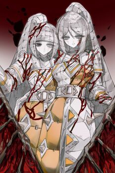2girls albina_(project_moon) android anzekeye armor armored_dress belt black_eyes breasts cable_hair closed_mouth colored_skin cowboy_shot dress faust_(project_moon) flesh heterochromia high_ponytail highres holding holding_sword holding_weapon limbus_company long_hair medium_breasts multiple_girls ponytail project_moon ring_(identity)_(project_moon) sidelocks skin_seams smile sword very_long_hair weapon white_belt white_hair white_skin