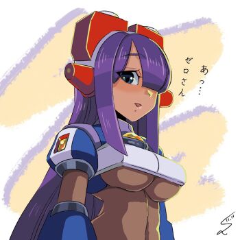 1girl android arched_back bad_id bad_pixiv_id blush bodysuit breasts capcom dark-skinned_female dark_skin dated female_focus fringe_trim hair_over_eyes hair_over_one_eye headgear highres japanese_text large_breasts layer_(mega_man) long_hair looking_at_viewer looking_to_the_side mega_man_(series) mega_man_x8 mega_man_x_(series) purple_hair robot_ears sidelocks signature solo sumomo text_focus underboob upper_body