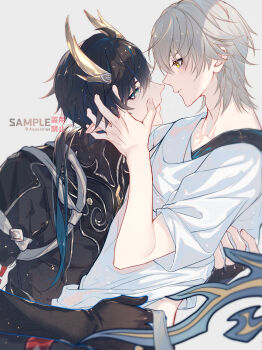 2boys after_kiss aqueasirius black_gloves black_hair black_pants black_shirt blue_eyes blue_hair blush caelus_(honkai:_star_rail) chinese_clothes collarbone dan_heng_(honkai:_star_rail) dan_heng_(permansor_terrae)_(honkai:_star_rail) dragon_boy dragon_horns dragon_tail fingerless_gloves fingernails gloves gold_trim gradient_hair grey_background grey_hair hair_between_eyes hand_around_waist hand_on_another&#039;s_face hand_up highres honkai:_star_rail honkai_(series) horns long_hair long_sleeves looking_at_another low_ponytail male_focus multicolored_hair multiple_boys official_alternate_costume official_alternate_hairstyle open_mouth pants pointy_ears ponytail saliva saliva_trail sample_watermark shirt short_hair short_sleeves simple_background sitting t-shirt tail teeth trailblazer_(honkai:_star_rail) watermark white_shirt yaoi yellow_eyes yellow_pupils zipper