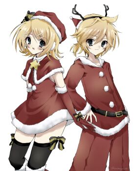 1boy 1girl belt black_belt black_thighhighs blonde_hair blue_eyes blush boots brooch capelet closed_mouth dress earmuffs elbow_gloves fake_antlers fur-trimmed_boots fur-trimmed_capelet fur-trimmed_dress fur-trimmed_gloves fur-trimmed_headwear fur-trimmed_jacket fur-trimmed_sleeves fur_trim gloves hair_ornament hairclip hands_on_own_hips hat highres jacket jewelry kagamine_len kagamine_rin looking_at_viewer mini_hat mini_santa_hat open_mouth pants ponytail red_capelet red_dress red_gloves red_pants santa_costume santa_hat shirt short_hair short_ponytail simple_background sleeveless sleeveless_shirt smile star_brooch takanashi_(takanya_shi) thighhighs vocaloid white_background zettai_ryouiki