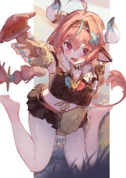 1girl :d absurdres ahoge animal_ears bare_legs barefoot between_legs blush braid breasts cow_ears cow_horns cow_tail crop_top genshin_impact hair_ornament hand_between_legs highres holding holding_mushroom horns long_hair long_sleeves medium_breasts miniskirt mushroom open_mouth pink_hair purple_eyes skirt smile solo tail varesa_(genshin_impact) x_hair_ornament yu_hydra