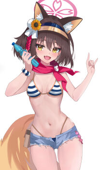 1girl :d absurdres animal_ear_fluff animal_ears bead_bracelet beads bikini blue_archive blush bottle bracelet breasts breasts_apart brown_hair commentary cowboy_shot cutoffs denim extra_ears eyeshadow fang flower fox_ears fox_girl fox_shadow_puppet fox_tail hair_between_eyes hair_flower hair_ornament halo hands_up happy highleg highleg_bikini highres holding holding_bottle izuna_(blue_archive) izuna_(swimsuit)_(blue_archive) jewelry looking_at_viewer makeup medium_breasts medium_hair navel official_alternate_costume open_mouth pink_eyeshadow pink_halo pom_pom_(clothes) pom_pom_hair_ornament ramune red_scarf scarf short_shorts shorts simple_background skin_fang skindentation smile solo stomach striped_bikini striped_clothes sunflower sunflower_hair_ornament swimsuit tail thighs user_wyfu3872 visor_cap white_background yellow_eyes
