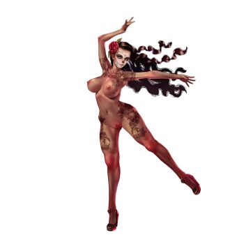 1girl arm_up armpits artist_request black_hair breasts cleavage completely_nude crystal_maiden_(series) dancing dia_de_muertos dress floral_print flower full_body game_cg hair_flower hair_ornament high_heels highres isabella_(crystal_maidens) long_sleeves navel nipples nude official_art pussy red_eyes solo tattoo transparent_background variant_set