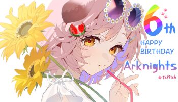 1girl animal_ears arknights artist_name cat_ears commentary drinking_straw english_text eyewear_on_head flower food-themed_hair_ornament goldenglow_(arknights) goldenglow_(summer_flowers)_(arknights) hair_ornament holding holding_drinking_straw holding_flower looking_at_viewer pink_hair portrait purple-tinted_eyewear shirt short_hair simple_background smile solo sunflower teffish tinted_eyewear upper_body watermelon_hair_ornament white_background white_shirt yellow_eyes
