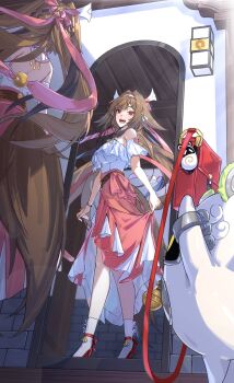 1girl armband bag bangboo_(zenless_zone_zero) bare_shoulders belion_(zenless_zone_zero) bracelet breasts brown_hair collar commentary_request droopy_ears frilled_armband frilled_collar frilled_shirt frilled_shirt_collar frills hairband highres holding holding_bag indoors jewelry large_breasts long_hair long_skirt looking_at_mirror mirror multicolored_hairband official_alternate_costume open_mouth red_bag red_eyes red_hairband red_shoes red_skirt reflection reflection_focus shadow shirt shoes skirt skirt_hold socks tail white_armband white_hairband white_socks ye_shunguang ye_shunguang_(touch_of_dawnlight) yoruta_(yossy_puyo_holo) zenless_zone_zero