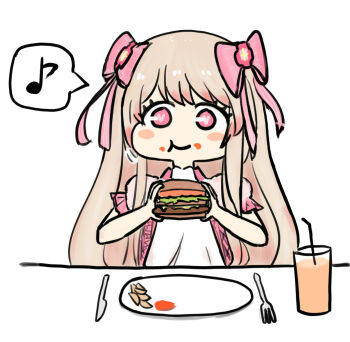 1girl blonde_hair burger chaos_marie_(grimms_notes) chewing chibi chibi_only eating grimms_notes hair_ribbon holding_burger holding_food maki_mk39 pink_ribbon ribbon upper_body