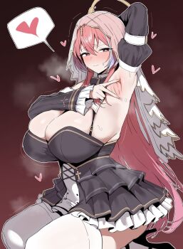 1girl absurdres arm_behind_head arm_up armpits black_shoes blush breasts brown_eyes brown_hair character_request cleavage closed_mouth collar commentary copyright_request cross detached_sleeves dress fingernails grey_dress hair_between_eyes heart high_heels highres large_breasts long_sleeves looking_at_viewer presenting_armpit shoes simple_background sitting smile solo speech_bubble spread_armpit sweat thighhighs v white_thighhighs xipa