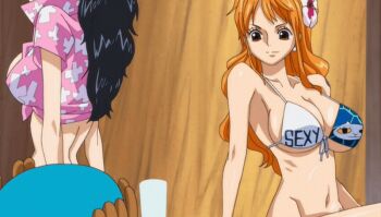 10s 1girl 2016 animated animated_gif anime_screenshot ball bikini black_hair breasts cleavage cup curvy deer drinking_glass floral_print flower hair_ornament hat horns huge_breasts large_breasts long_hair nami_(one_piece) navel nico_robin one_piece one_piece_special:_episode_0 orange_hair plate shiny_skin shirt sitting swimsuit tagme tattoo thong thong_bikini tied_shirt tony_tony_chopper wide_hips