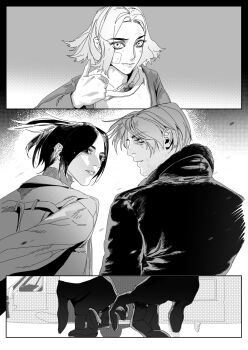 1boy 2girls ada_wong aircraft bandaid bandaid_on_cheek bandaid_on_face beard_stubble black_coat black_gloves black_hair blonde_hair coat commentary dirty dirty_face facial_hair fur-trimmed_coat fur_trim gloves grace_ashcroft greyscale helicopter highres holding_hands leon_s._kennedy looking_back monochrome multiple_girls parted_bangs parted_lips peanut9021 resident_evil resident_evil_requiem screentones shirt short_hair stubble symbol-only_commentary thumbs_up turtleneck white_shirt