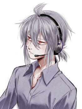 1boy absurdres ahoge bags_under_eyes collared_shirt double-parted_bangs frown grey_hair grey_shirt hair_between_eyes headset highres honne_dell looking_ahead male_focus partially_unbuttoned ponytail red_eyes shirt short_hair short_ponytail shukkonsou sidelocks simple_background solo vocaloid white_background