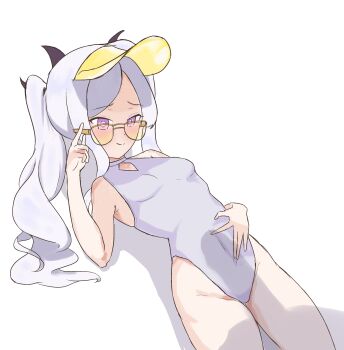 1girl absurdres aspid_r blue_archive blush breasts cosplay demon_girl demon_horns hat highres hina_(blue_archive) horns loli long_hair purple_eyes seia_(blue_archive) seia_(blue_archive)_(cosplay) simple_background small_breasts solo sunglasses swimsuit very_long_hair white_background white_hair