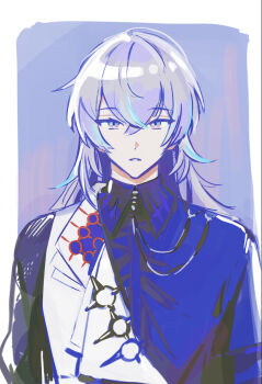 1boy attsei blue_hair blue_shirt border coat collared_shirt commentary_request frown grey_eyes highres hoshirube_sho irregular_border long_hair looking_at_viewer male_focus multicolored_hair nijisanji outside_border parted_lips purple_hair shirt single_off_shoulder sketch solo straight-on streaked_hair unfinished upper_body virtual_youtuber white_border white_coat