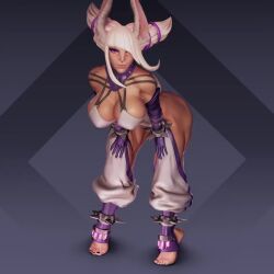 3d adapted_costume alternate_eye_color animated ass ass_cutout asymmetrical_bangs baggy_pants barefoot bracelet breasts butt_clench chaps cleavage clothing_cutout cosplay dark-skinned_female dark_skin elbow_gloves full_body gloves hair_horns han_juri han_juri_(cosplay) hands_on_own_thighs jewelry large_breasts leaning_forward lips mirko multiple_views muscular muscular_female muscular_legs o-ring pants pear_force_one purple_eyes purple_gloves rabbit_ears rabbit_tail revealing_clothes simple_background spiked_anklet spiked_bracelet spikes street_fighter street_fighter_iv_(series) thick_thighs thighs tiptoes toeless_legwear turnaround video
