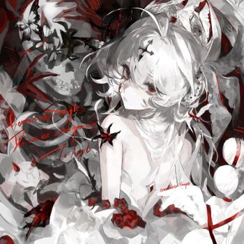 Rule 34 | 1girl, ahoge, black flower, blood, blood on face, bug, butterfly, closed mouth, colored skin, commission, dress, eyelashes, flower, hair between eyes, hair ornament, head wings, insect, liangzhi mian gou, lips, long hair, mihuashi commission, original, red eyes, red flower, red ribbon, red rose, ribbon, ringed eyes, rose, sidelocks, skeleton, solo, square, upper body, watermark, white dress, white hair, white skin, white wings, wings