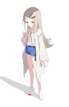 1girl absurdres bandaid bandaid_on_face bandaid_on_finger bandaid_on_hand bandaid_on_knee bandaid_on_leg belt black_belt blonde_hair blood blood_drip blood_on_face blood_on_hands blue_shorts camisole closed_mouth collarbone colored_eyelashes commentary_request flipped_hair flying_sweatdrops full_body gakuen_idolmaster gauze gauze_on_cheek grey_robe hair_ornament hairclip hand_up highres holding holding_tissue idolmaster long_hair long_sleeves looking_at_hand looking_down midriff_peek nosebleed open_clothes open_robe orange_eyes orange_ribbon parallel_hairclips ribbon robe rope_belt shadow shinosawa_hiro shoes shorts solo standing tamago_(eva1314056) tissue white_background white_camisole white_shoes wide_sleeves