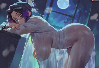 1girl ai-assisted ass bent_over black_hair breasts butterfly_hair_ornament closed_mouth commentary curvy from_side full_moon hair_bun hair_ornament hanging_breasts huge_ass indoors kimetsu_no_yaiba kochou_shinobu large_breasts looking_at_viewer moon night purple_eyes purple_hair robe see-through_clothes see-through_robe shexyo short_hair sky smile solo white_robe window