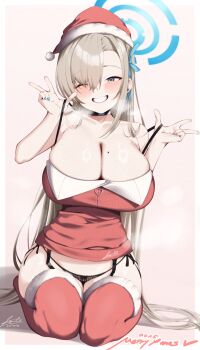 1girl alternate_costume asuna_(blue_archive) black_choker black_panties blue_archive blue_eyes blue_halo blue_nails blue_ribbon breasts brown_hair choker christmas cleavage clenched_teeth collarbone commentary dated esto_0079 fingernails grin hair_ribbon halo hat highres large_breasts long_hair looking_at_viewer merry_christmas mole mole_on_breast nail_polish one_eye_closed panties pink_background red_hat red_thighhighs ribbon santa_hat signature sitting smile solo teeth thighhighs underwear very_long_hair wariza