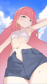 1girl absurdres armpits blue_sky blunt_bangs cloud commentary cowboy_shot day flat_chest foreshortening from_below green_eyes grey_shirt grin hanako_nana highres long_hair looking_at_viewer looking_down multicolored_hair navel no_panties no_shirt open_clothes open_fly open_shorts outdoors pink_hair seonirep shirt shorts sky smile smug solo sports_bra standing stellive stomach straight_hair streaked_hair sweat very_long_hair virtual_youtuber white_sports_bra