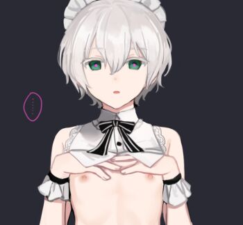 ... 1boy armpit_crease bare_shoulders bow bowtie collar_lift commentary_request crossdressing crossdressing_(mtf) dot_nose frilled_bracelet frilled_wrist_cuffs frills green_eyes grey_background hair_between_eyes hands_on_own_chest hands_up looking_at_viewer maid maid_headdress male_focus male_maid nipples original parted_lips partial_commentary pink_pupils purple_pupils short_hair simple_background solo spoken_ellipsis straight-on sunaba_(nczd5875) trap upper_body white-haired_boy_(sunaba_(nczd5875)) white_hair white_wrist_cuffs wing_collar wrist_cuffs