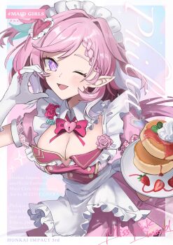 1girl absurdres bow breasts cleavage commentary_request diamond-shaped_pupils diamond_(shape) dress elf elysia_(hi_love_elf)_(honkai_impact) elysia_(honkai_impact) english_text food gloves half-heart_hands highres honkai_(series) honkai_impact_3rd large_breasts long_hair looking_at_viewer multicolored_hair one_eye_closed open_mouth pink_bow pink_dress pink_hair pink_shoes pointy_ears purple_eyes shoes short_sleeves simple_background solo symbol-shaped_pupils thighhighs uehara_suiyo very_long_hair white_background white_gloves white_hair white_thighhighs