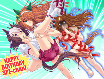 3girls animal_ears ass barefoot behind_another blush bow braid breasts brown_hair carrying carrying_person chasing commentary_request convenient_arm convenient_censoring ear_bow ear_covers eye_trail fleeing floating_hair glowing glowing_eye glowing_eyes grass_wonder_(umamusume) green_eyes grey_hair groin gym_shirt gym_shorts gym_uniform hair_between_eyes hairband hands_up highres horse_ears horse_girl horse_tail large_breasts light_trail long_hair looking_at_another medium_hair motion_blur multicolored_hair multiple_girls naked_ribbon navel nose_blush open_mouth princess_carry purple_eyes ribbon running shaded_face shirt shoes short_shorts short_sleeves shorts silence_suzuka_(umamusume) socks special_week_(umamusume) stomach sweat tail tail_censor toes two-tone_hair umajiri_gyuunyuu umamusume v-shaped_eyebrows very_long_hair white_hair white_shirt wrapped_up yuri