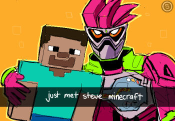 2018 arm_around_another's_back armor black_eyes blue_pants blue_shirt controller crossover english_text game_controller helmet kamen_rider kamen_rider_ex-aid kamen_rider_ex-aid_(series) mask masked masked_male meme minecraft orange_background orange_eyes pants pink_armor pink_hair puzzlebot shirt sketch steve_(minecraft) t-shirt tan textbox visor_(armor)
