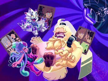 Rule 34 | 1girl, 2boys, amanokawa hiro, angoramon, digimon, digimon (creature), digimon ghost game, dinosaur, gammamon, higashimitarai kiyoshiro, highres, jellymon, letsseecapri, long hair, multiple boys, rabbit, short hair, tentacles, triceratops, tsukiyono ruli