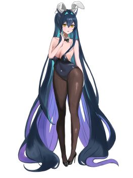 Rule 34 | 1girl, absurdres, alternate costume, animal ear hairband, animal ears, black leotard, bow, bowtie, breasts, colored inner hair, commentary request, covered navel, detached collar, fake animal ears, full body, goddess of victory: nikke, gradient hair, hair intakes, hairband, highres, korean commentary, leotard, little mermaid (nikke), long hair, medium breasts, mello575, multicolored hair, open mouth, pantyhose, playboy bunny, rabbit ear hairband, rabbit ears, simple background, solo, very long hair, white background, yellow eyes