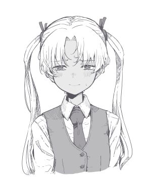 1girl absurdres commentary cropped_torso dark-skinned_female dark_skin greyscale gunslinger_girl half-closed_eyes highres long_hair long_sleeves monochrome necktie nervous_smile shichisaburo shirt simple_background smile solo sweatdrop triela twintails upper_body vest white_background wing_collar