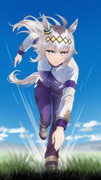 1girl absurdres animal_ears blue_eyes blue_jacket blue_pants commentary_request day grass grey_hair hakazero highres horse_ears horse_girl horse_tail jacket kasamatsu_tracen_training_uniform long_sleeves oguri_cap_(umamusume) outdoors pants ponytail running standing standing_on_one_leg tail umamusume umamusume:_cinderella_gray