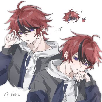 1boy ? ahoge biexu46246 black_hair blue_eyes blue_jacket chinese_commentary closed_mouth commentary_request drawstring grey_jacket hair_between_eyes hand_up highres hood hood_down hoodie jacket jacket_over_hoodie long_sleeves male_focus multicolored_hair multicolored_jacket multiple_views open_clothes open_jacket open_mouth red_hair short_hair simple_background streaked_hair sumino_takumi sweat the_hundred_line_-last_defense_academy- tomato two-tone_hair two-tone_jacket white_background white_hoodie