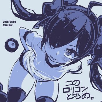 1girl ;) ahoge backbeako_(torotei) backbeard blue_background blush breasts buruma commentary dated dated_commentary gegege_no_kitarou gym_shirt gym_uniform hair_over_one_eye hair_ribbon hands_on_own_ass kono_lolicon_domome leaning_forward long_hair looking_at_viewer monochrome one_eye_closed original paid_reward_available parted_lips pointy_ears ribbon shirt short_sleeves simple_background skindentation small_breasts smile solo thighhighs torotei translated twintails watermark web_address