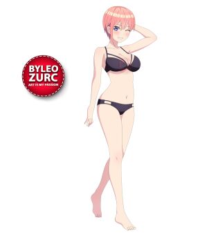 Rule 34 | 1girl, barefoot, blue eyes, bra, breasts, feet, go-toubun no hanayome, leozurcxxx, nakano ichika, panties, pink hair, short hair, smile, solo, swimsuit, transparent background, underwear