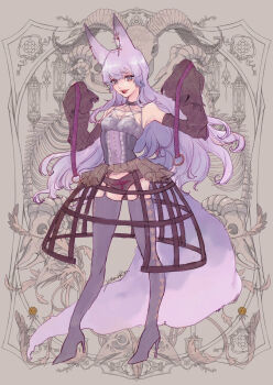 1girl animal_ears animal_skull bare_shoulders bird_skull bone collar corset destiny_child female_focus flower garter_straps high_heels highres long_hair long_sleeves panties purple_hair skeleton solo tail underwear werewolf_(destiny_child) yonaka