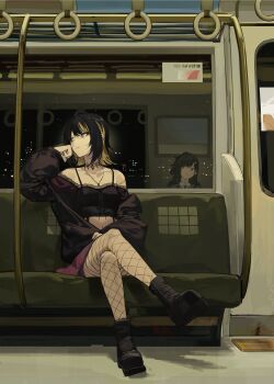2girls black_boots black_choker black_hair black_jacket black_shirt blonde_streaks boots choker closed_mouth commentary crop_top ear_piercing fishnet_pantyhose fishnets hashtag-only_commentary highres idolmaster idolmaster_shiny_colors ikaruga_luca jacket jewelry kazano_hiori looking_at_another medium_hair multiple_girls necklace night off_shoulder open_clothes open_jacket pantyhose piercing poster_(object) reflection shirt strap_slip train_interior zhili_xingzou
