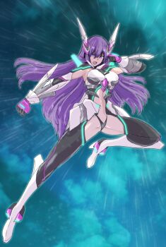 Rule 34 | 1girl, akatsuki kanten, amanogi akira, armor, bodysuit, boots, breasts, flying kick, full body, gloves, headgear, kicking, kyokkou senki mistletear, large breasts, long hair, magical girl, mecha musume, mistletear, navel, open mouth, purple eyes, purple hair, solo, thighhighs