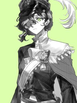 Rule 34 | 1girl, badge, chinese commentary, commentary request, green background, green eyes, greyscale with colored background, hair over one eye, hat, hat feather, highres, jacket, looking at viewer, military hat, one eye covered, recoleta (reverse:1999), reverse:1999, sash, short hair, shoulder sash, side cape, solo, spot color, upper body, z. (emotional93615)