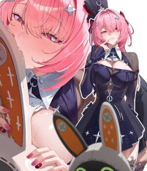 1girl absurdres bangboo_(zenless_zone_zero) biting black_bow black_dress black_shrug blush bow breasts chest_belt cleavage commentary_request dress hair_between_eyes hair_bow hair_ornament hairclip half-closed_eyes highres hyeon_sungshin korean_commentary large_breasts medium_hair motion_lines multicolored_nails multiple_views parted_lips pink_hair pointy_ears purple_eyes remielle_dan shrug_(clothing) simple_background sweat white_background zenless_zone_zero