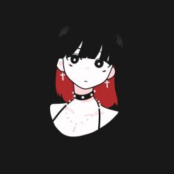 1girl 3d animated black_background black_choker black_eyes black_hair blender_(medium) blunt_bangs choker closed_mouth collarbone cross cross_earrings daikei_625 derivative_work double-parted_bangs earrings jewelry looking_at_viewer looping_animation medium_hair multicolored_hair multiple_views necklace original simple_background spaghetti_strap squareanon studded_choker turnaround two-tone_hair upper_body video