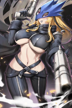 Rule 34 | 1girl, beelstarmon, black coat, black gloves, black pants, black vest, blonde hair, breasts, burnt green tea, coat, commentary, cowboy shot, cropped vest, digimon, digimon (creature), dual wielding, eye mask, finger on trigger, gloves, gun, highres, holding, holding gun, holding weapon, large breasts, long hair, mask, open clothes, open coat, pants, parted lips, purple eyes, purple lips, smile, solo, third eye, underboob, vest, weapon