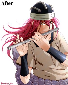 1girl black_hat collarbone commentary_request flute hat highres holding holding_flute holding_instrument instrument long_hair music naruto_(classic) naruto_(series) playing_instrument red_hair saburo_des simple_background solo tayuya_(naruto) white_background yellow_eyes
