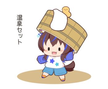 1girl :3 :d bath blue_hair blue_shoes blue_sleeves blush brown_hair chibi chibi_only commentary_request daitaku_helios_(umamusume) fang full_body gomashio_(goma_feet) horse_girl horse_tail long_sleeves multicolored_hair open_mouth orange_socks print_shirt shirt shoes short_hair shorts simple_background smile socks solo standing standing_on_one_leg star_(symbol) star_print streaked_hair tail towel translation_request two-tone_hair umamusume white_background white_shirt white_shorts |_|