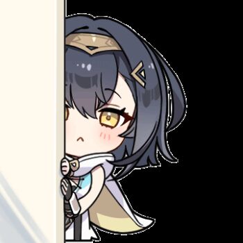 1girl amber_(stella_sora) animated animated_gif black_hair commentary deformed english_commentary english_text looking_at_viewer looping_animation lowres medium_hair official_art peeking_out simple_background solo stella_sora transparent_background yellow_eyes