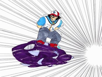 1boy 1other ash_ketchum dragon_ball full_body gen_5_pokemon genesect jellicle777 legendary_pokemon motion_lines muscular mythical_pokemon nintendo parody pokemon pokemon_(anime) pokemon_(creature) pokemon_bw_(anime) pokemon_the_movie:_genesect_and_the_legend_awakened squatting style_parody trait_connection what