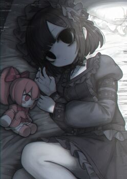 1girl black_dress black_hair breasts collar commentary_request covered_eyes dark_background doll dress frilled_collar frilled_dress frills glitch hair_over_eyes highres holding horror_(theme) indoors ketopon kurosaki_reika_(ketopon) large_breasts long_sleeves lying maid maid_headdress on_bed on_side original pale_skin pillow short_hair solo studs stuffed_toy wristband