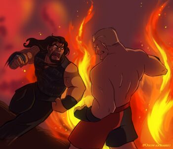 2boys arm_tattoo armband beard black_armband black_hair black_vest blonde_hair brock_lesnar charging_forward chinstrap_beard clenched_hands facial_hair fiery_background fire long_hair multicolored_shorts multiple_boys muscular muscular_male nadia_fazilla pants roman_reigns short_hair shorts strongman_waist tattoo vest wwe