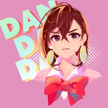 Rule 34 | 1girl, :/, ayase momo, blending, bow, bowtie, brown hair, commentary, copyright name, dandadan, dithered background, earrings, hair between eyes, isumi (yangyan), jewelry, looking at viewer, pink sweater, red bow, red bowtie, shirt, solo, straight-on, sweater, symbol-only commentary, white shirt